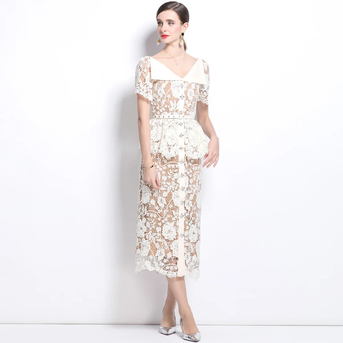 Summer Beaded Diamonds Embroidery Beige White Lace Evening - Other