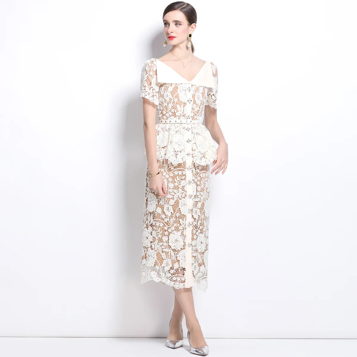 Summer Beaded Diamonds Embroidery Beige White Lace Evening - Other