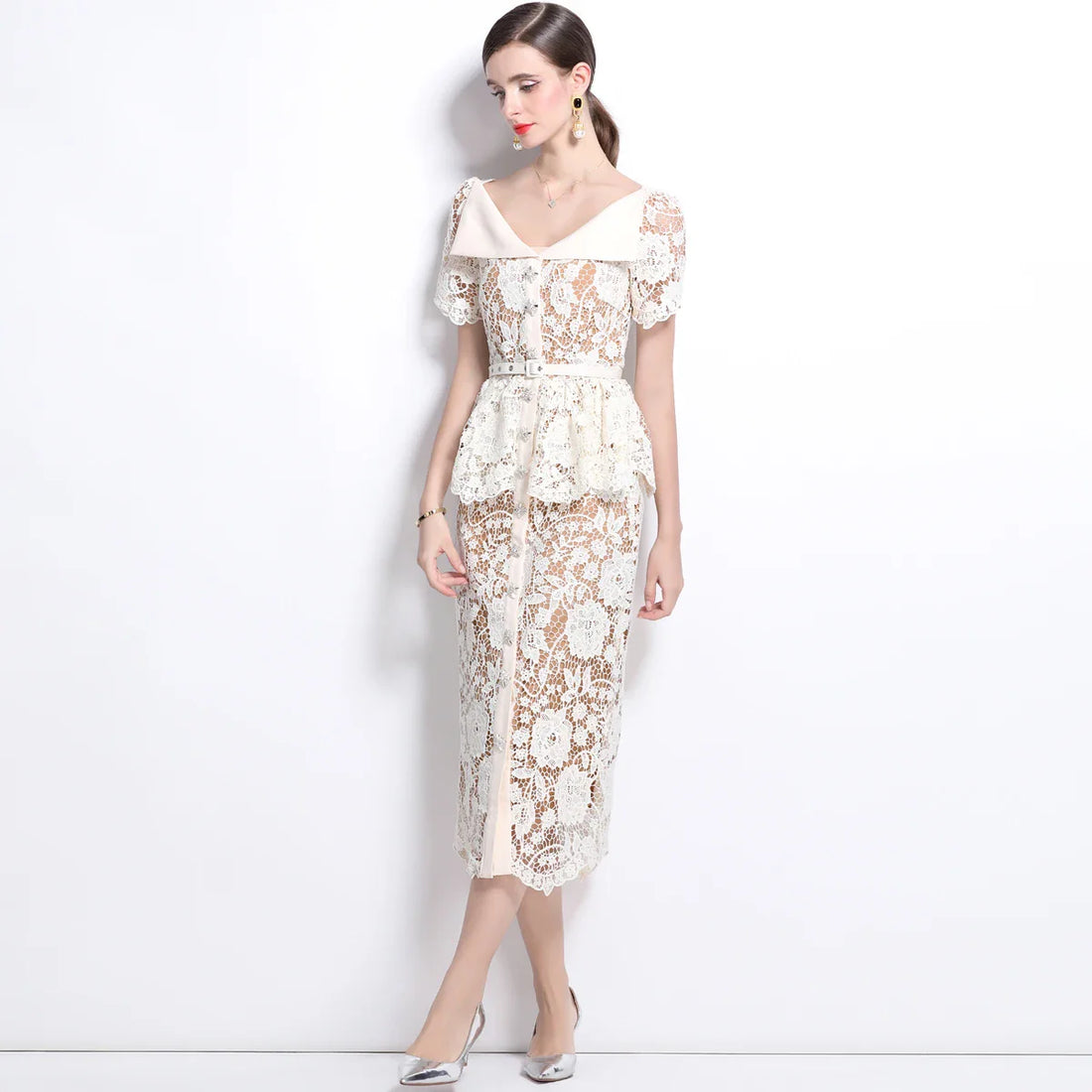 Summer Beaded Diamonds Embroidery Beige White Lace Evening - Other