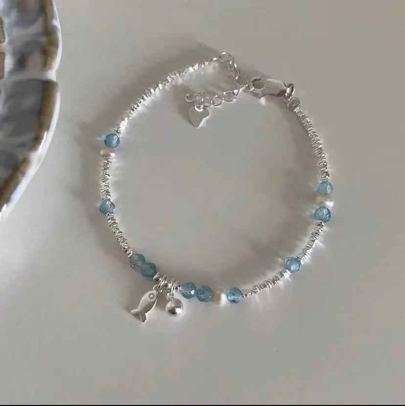Summer Blue Beaded Silver Fish Bracelet - Small Ball Broken - electronic accessories