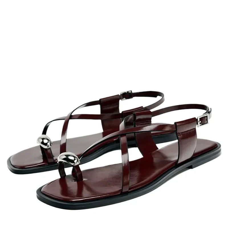 Summer Cross Strap Buckle Design Flat Sandals Women - Burgundy / 35