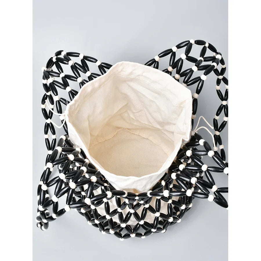 Summer Design Hollow-out Wooden Bead Tote Bucket Shoulder Bag
