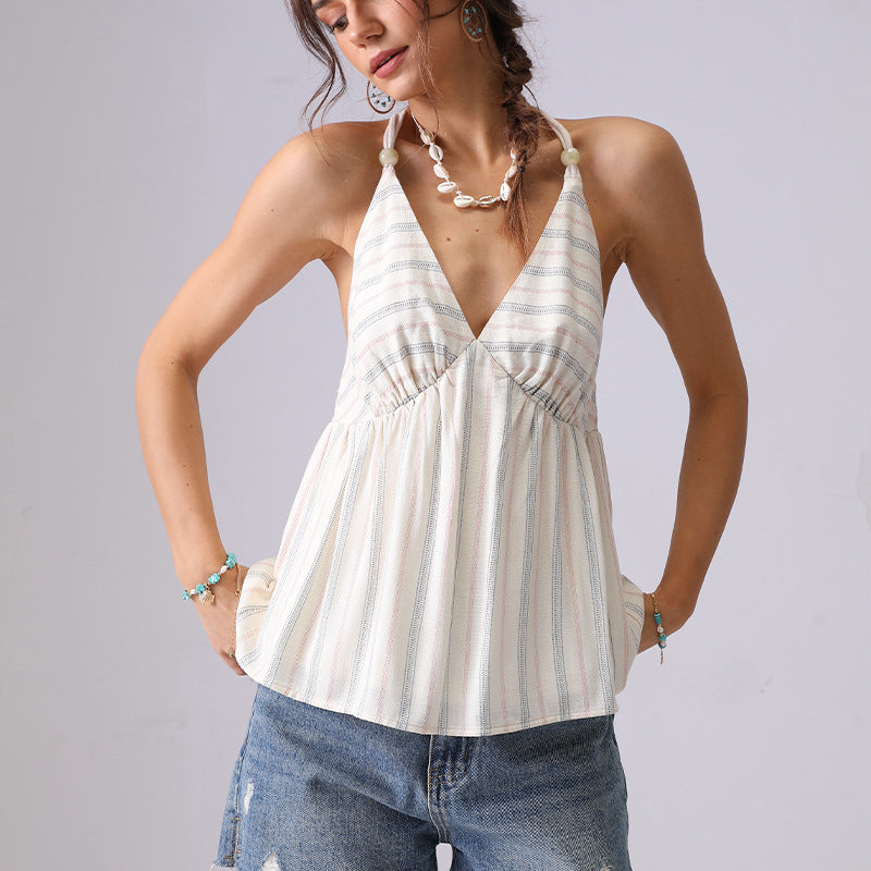 Summer French Style Halter Spaghetti Straps Top Cotton Striped - Other
