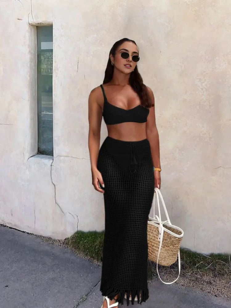 Summer Knit Cut Out Beach Half Skirt Women - black / S