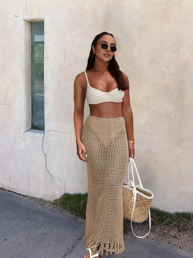 Summer Knit Cut Out Beach Half Skirt Women - Khaki / S