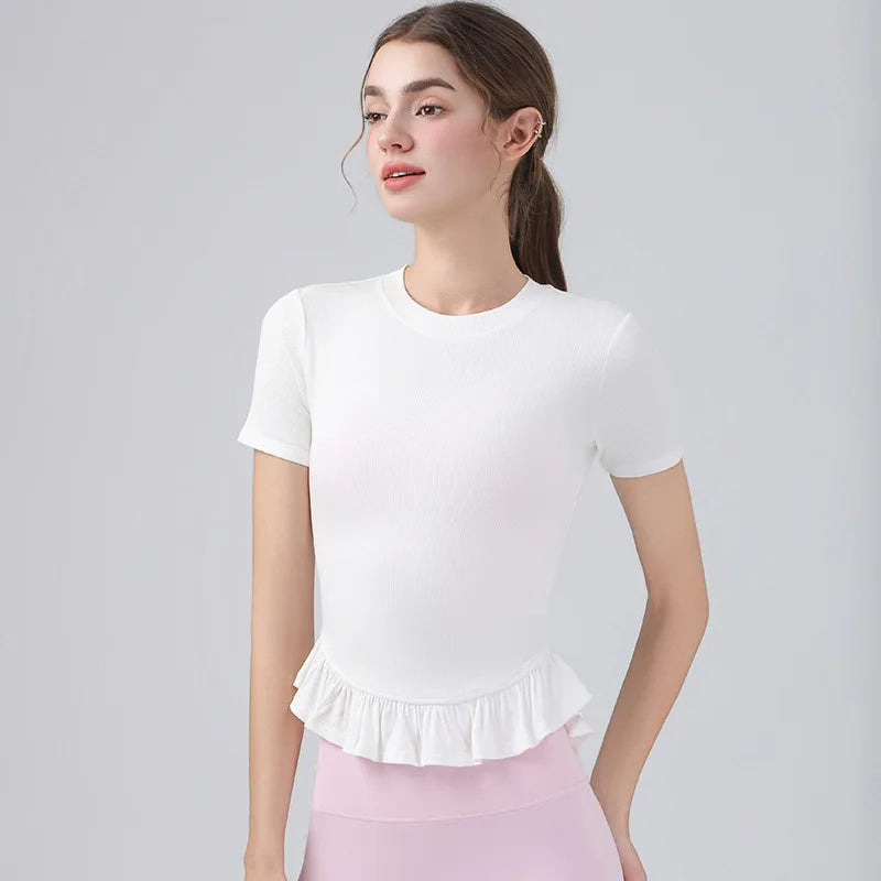 Summer Lacework Women Yoga Short Sleeve T-shirt - yellow / M