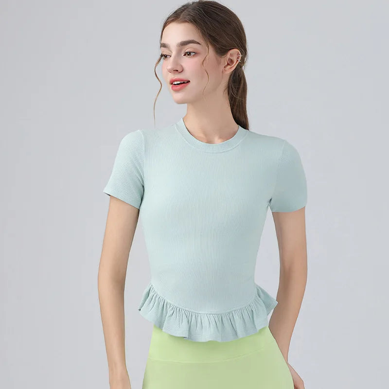 Summer Lacework Women Yoga Short Sleeve T-shirt - green / M