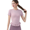 Summer Lacework Women Yoga Short Sleeve T-shirt - pink purple / M