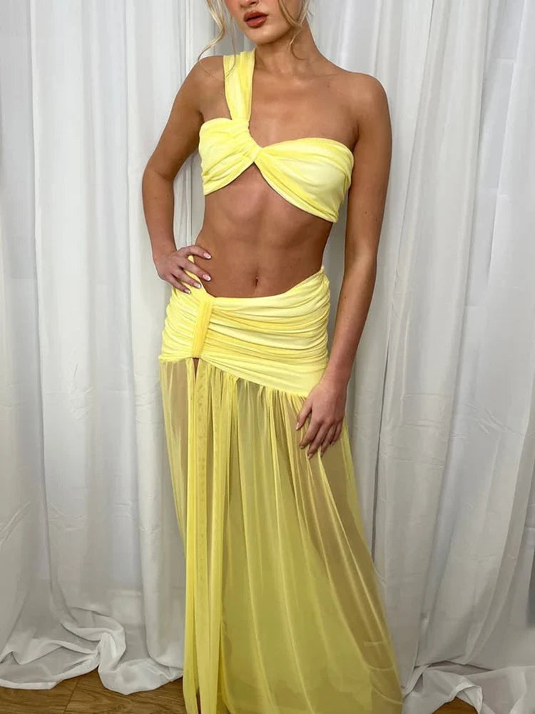 Summer Skirt Two Piece Sets Women One Shoulder Crop Top And Maxi - Yellow / M