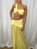 Summer Skirt Two Piece Sets Women One Shoulder Crop Top And Maxi - Yellow / M