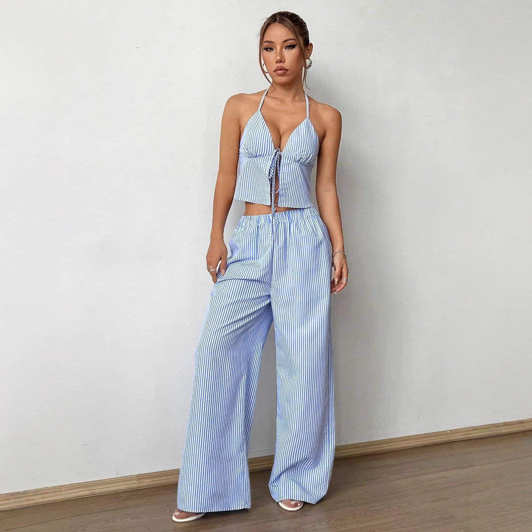 Summer Stripes Vest Plus Stretchy Straight-leg Pants Casual Two-piece Suit - Other