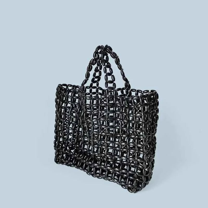 Summer Women's Handwoven Totes Beach Holiday Hollowed-Out Wooden Beaded Bag