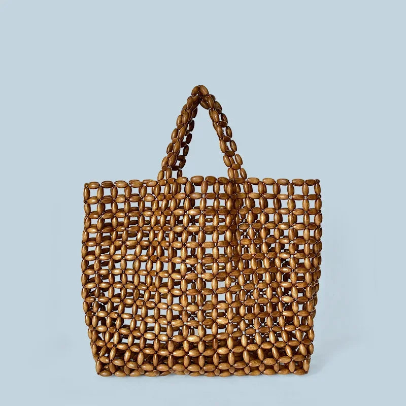 Summer Women’s Handwoven Totes Beach Holiday Hollowed-Out Wooden Beaded Bag