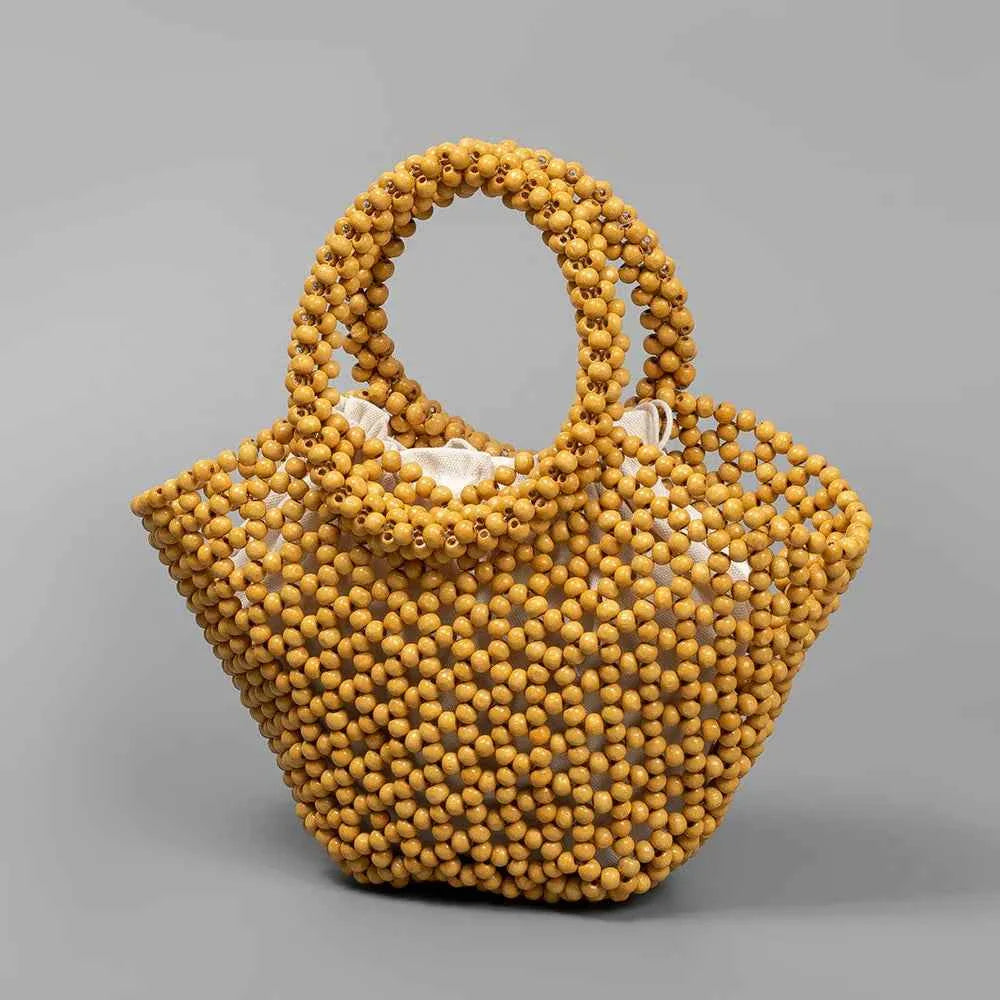 Summer Women's Handwoven Totes Beach Wooden Beaded Bag
