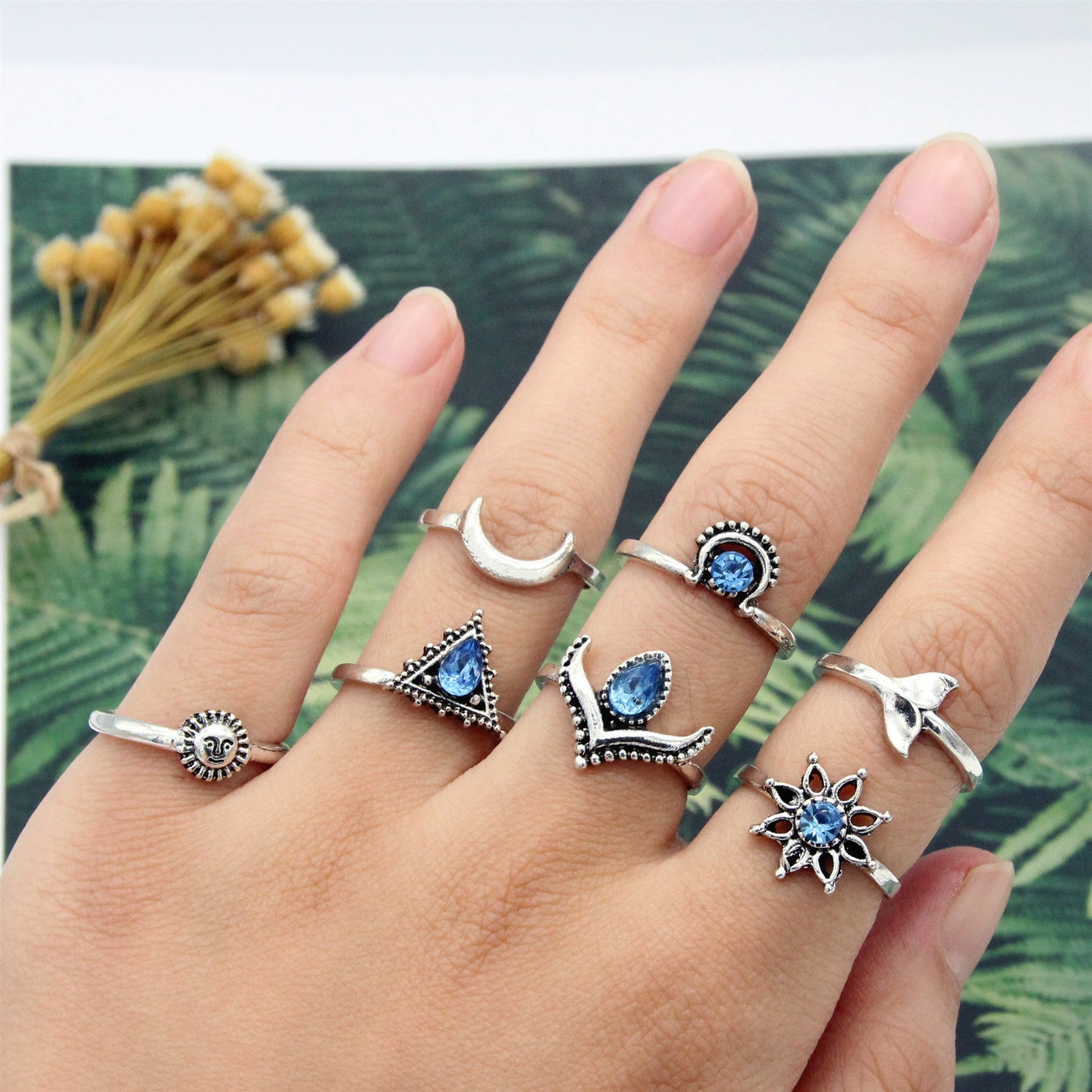 Sun Crescent Triangle Gem Fishtail Flower Ring Suit - Silver / Free Size - electronic accessories