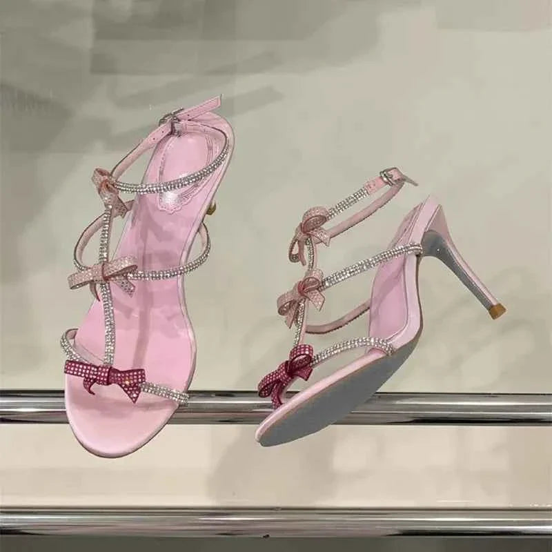 Sweet Pink Bowknot Rhinestones T-Strap Women Gladiator Sandals