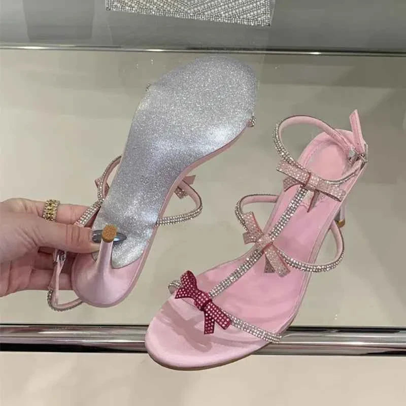 Sweet Pink Bowknot Rhinestones T-Strap Women Gladiator Sandals