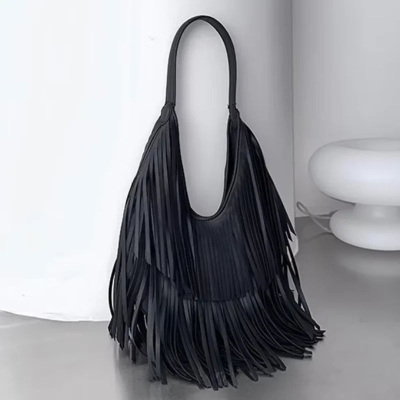 Tassel Large Capacity Brand Tote Bag Black Leather High Quality