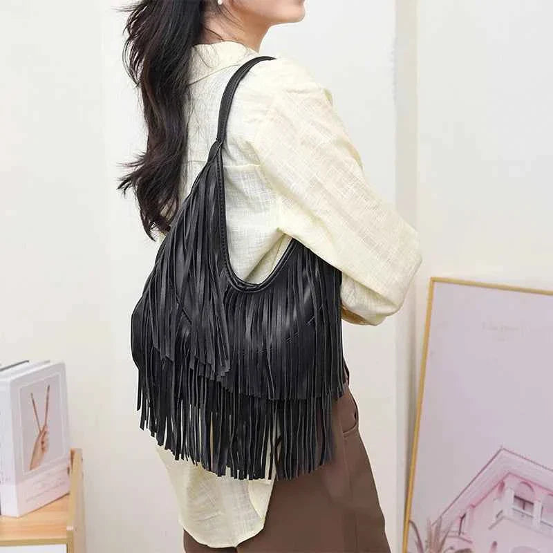 Tassel Large Capacity Brand Tote Bag Black Leather High Quality