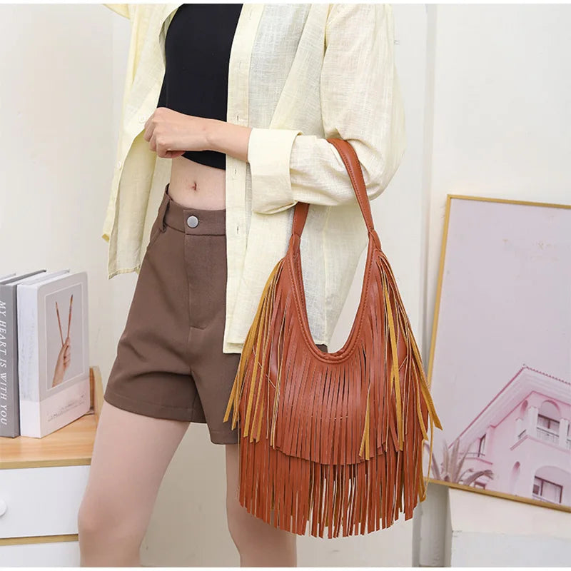 Tassel Large Capacity Brand Tote Bag Black Leather High Quality