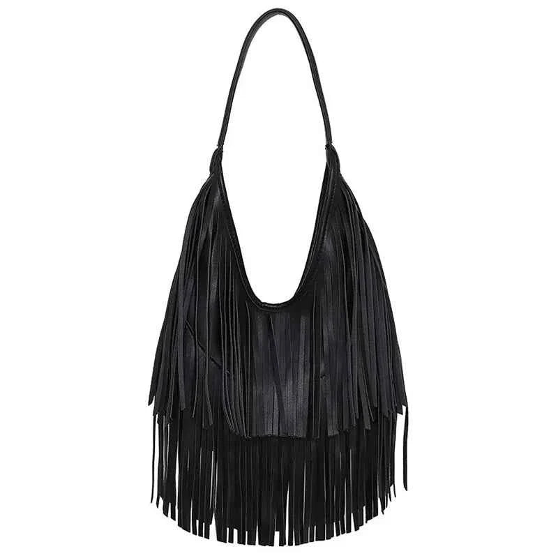 Tassel Large Capacity Brand Tote Bag Black Leather High Quality