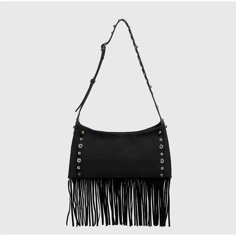 Tassel Large Capacity Brand Tote Bag Black Leather High Quality