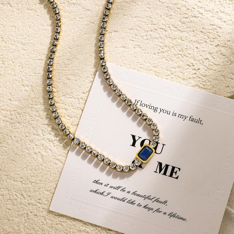 Tennis Zircon Light Luxury Emerald Stainless Steel Plated 18K Gold Necklace - Blue Zirconium - electronic accessories