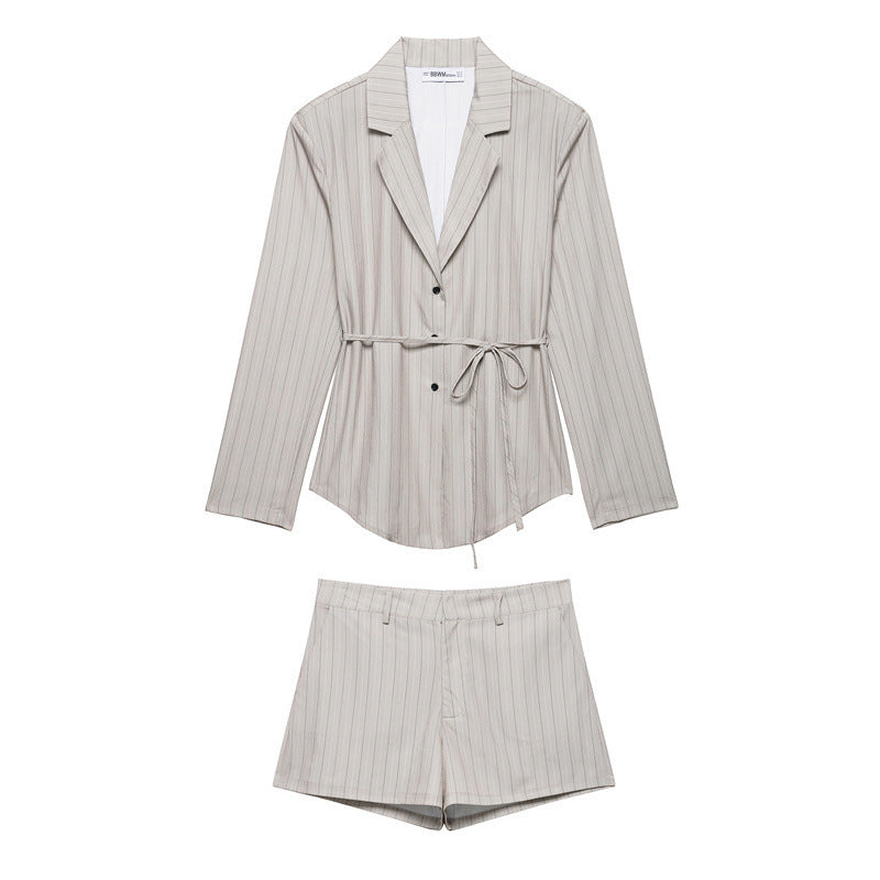 Thin Belt Striped Blazer Mini Shorts - Other