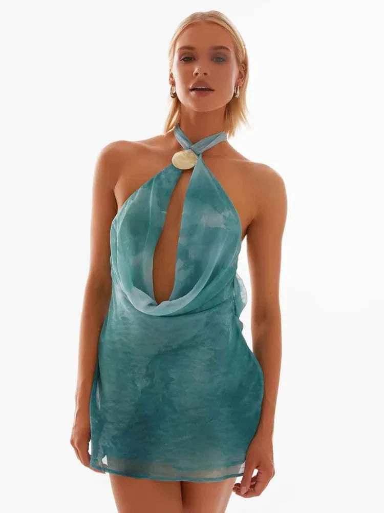 Tie Dye Halter Backless Mini Dress Women