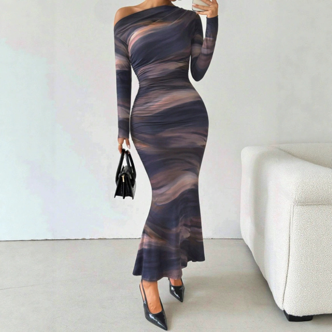 Tie-dyed Crossbody Shoulder Asymmetric Fold Dress - Color / L - Other