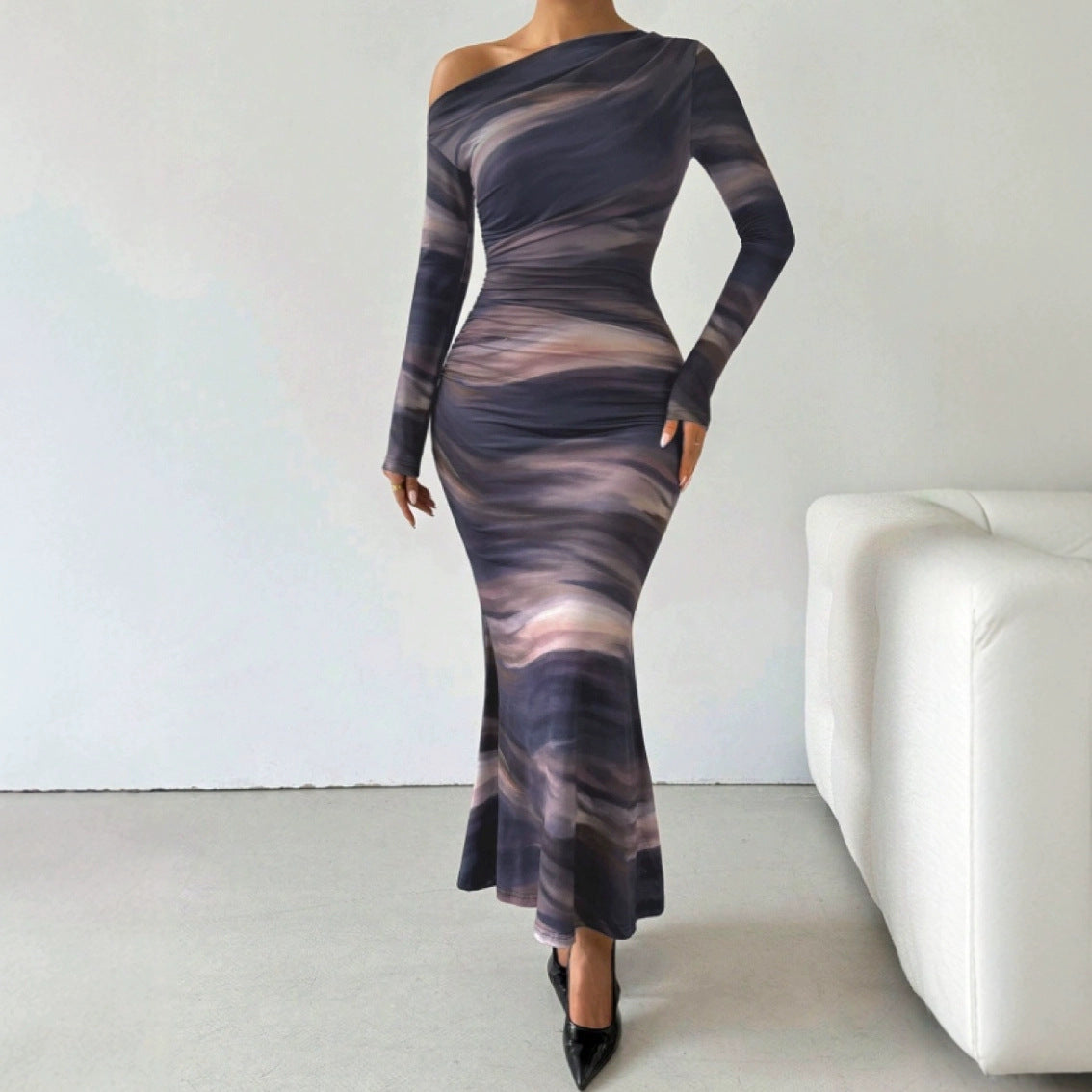 Tie-dyed Crossbody Shoulder Asymmetric Fold Dress - Other