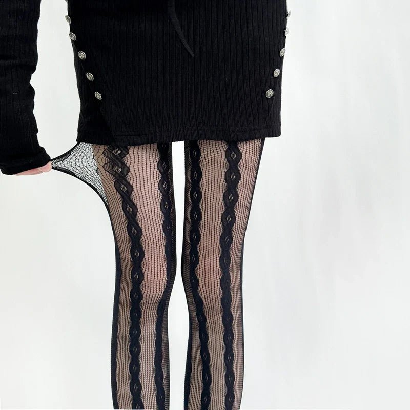 Tights for Women Lace Mesh Fishnet Retro Pantyhose - black / One Size