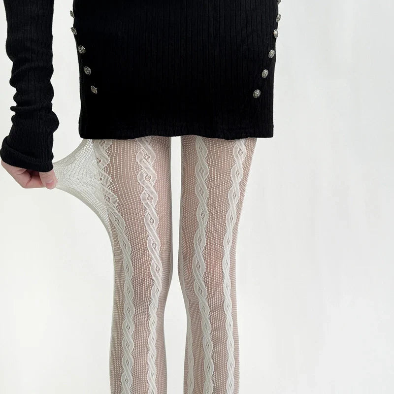 Tights for Women Lace Mesh Fishnet Retro Pantyhose - WHITE / One Size