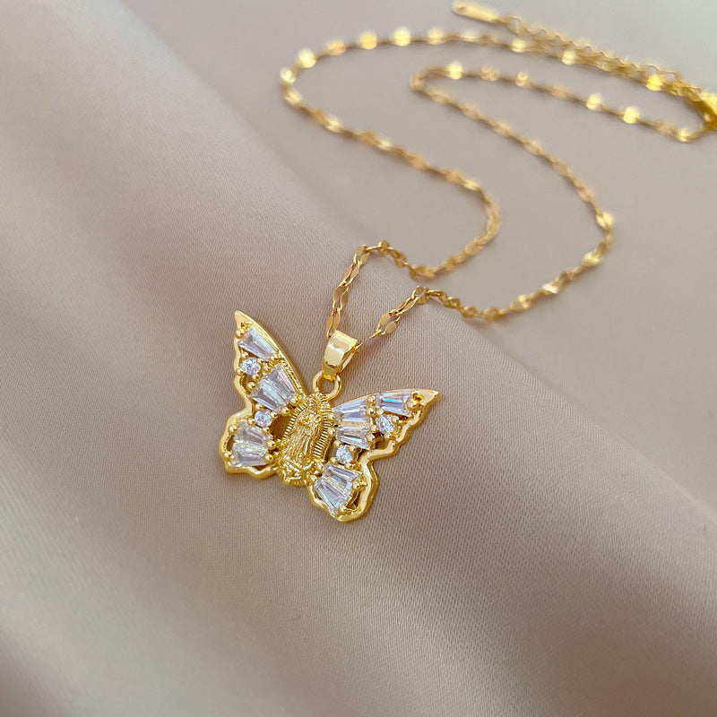 Titanium Steel Micro-inlaid Portrait Butterfly Zircon Necklace - C436 - electronic accessories