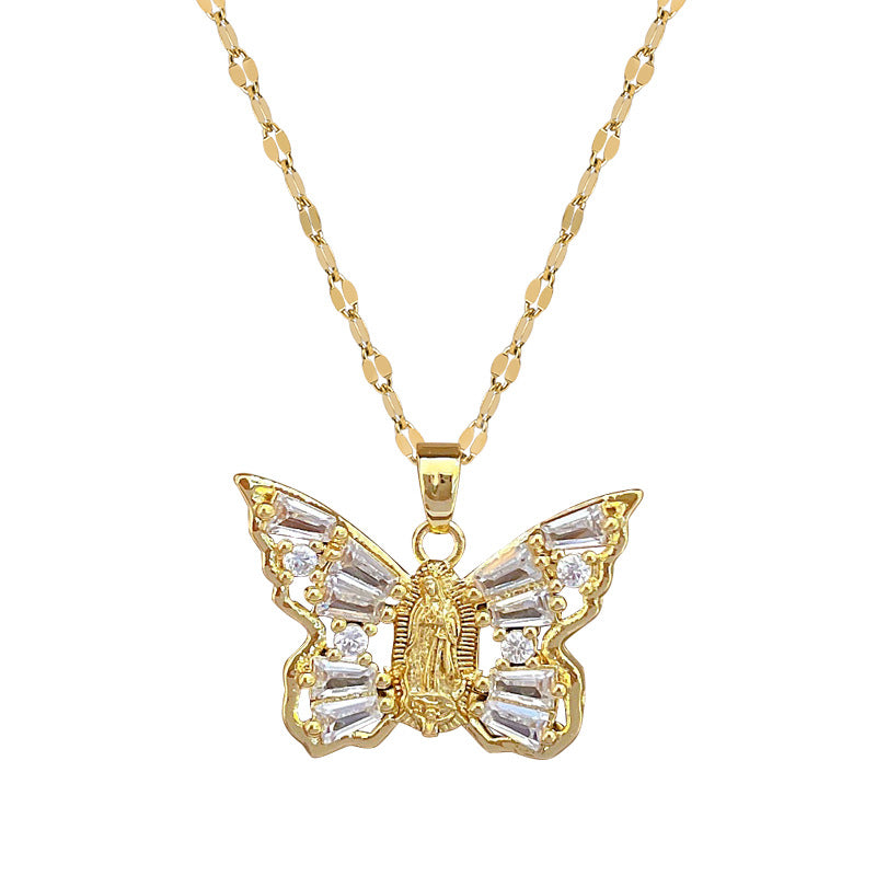 Titanium Steel Micro-inlaid Portrait Butterfly Zircon Necklace - C436 - electronic accessories