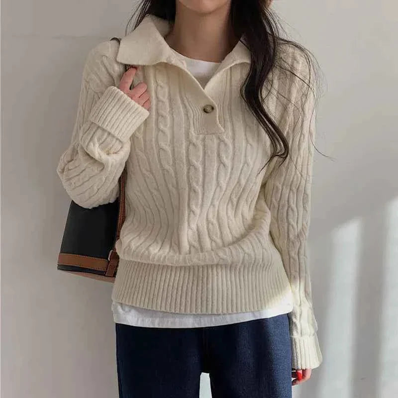 Turn-down Collar Solid Women's Sweater