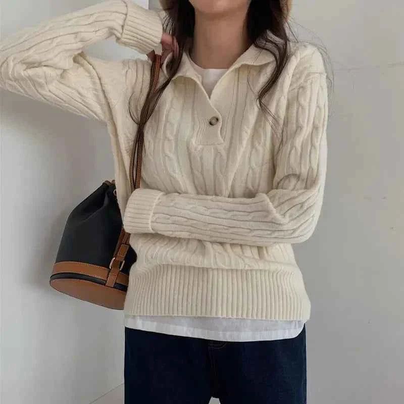 Turn-down Collar Solid Women's Sweater