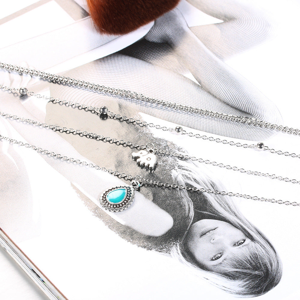 Turquoise Elephant Beaded Multi-layer Necklace - Sku3393 - electronic accessories