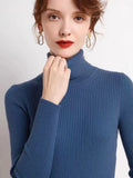 Turtleneck Jumper Woman Knitted Blouse - Blue / One Size