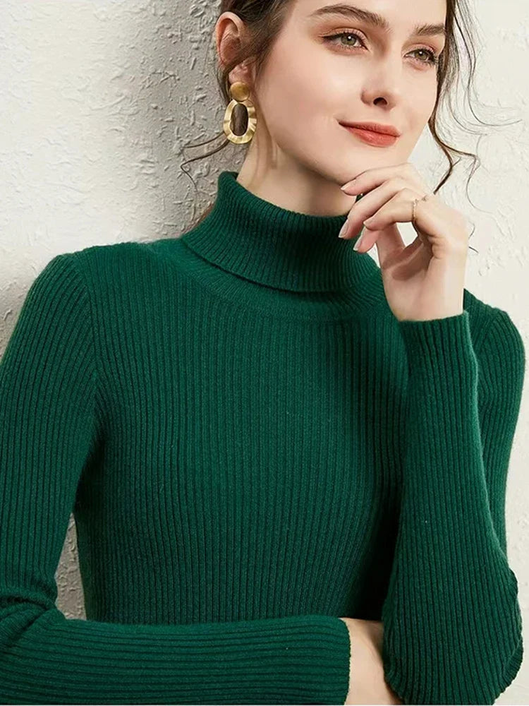 Turtleneck Jumper Woman Knitted Blouse - Green / One Size