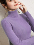 Turtleneck Jumper Woman Knitted Blouse - Purple / One Size
