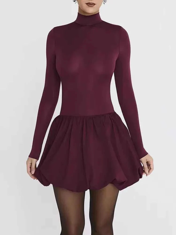 Turtleneck Long Sleeve Women Mini Dress Burgundy High Waist A-line
