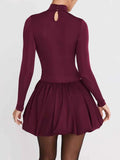 Turtleneck Long Sleeve Women Mini Dress Burgundy High Waist A-line