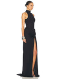 Turtleneck Off-shoulder Sleeveless Thigh Split High Waist Pleated Maxi Dress For Women
