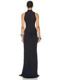 Turtleneck Off-shoulder Sleeveless Thigh Split High Waist Pleated Maxi Dress For Women
