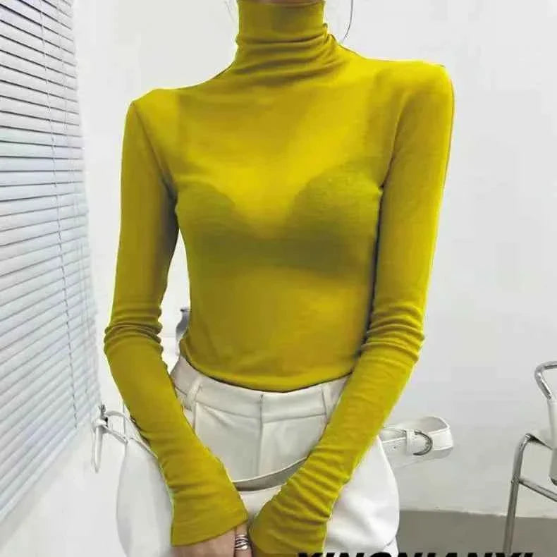 Turtleneck Slim High Quality Plain T Shirt Women