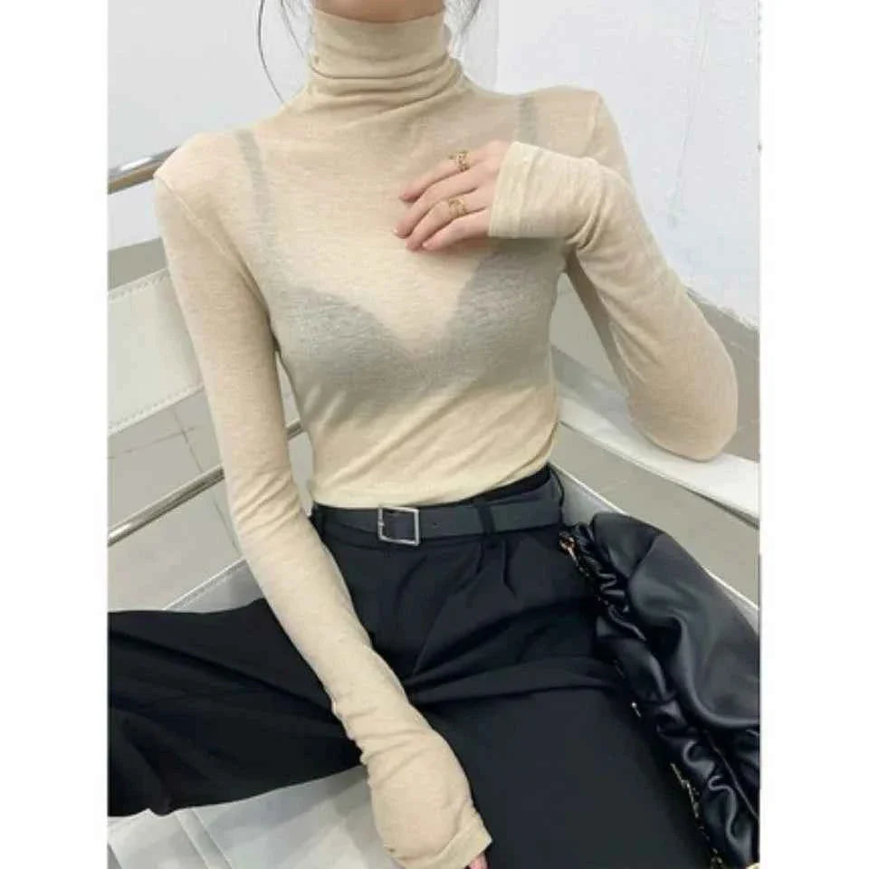 Turtleneck Slim High Quality Plain T Shirt Women