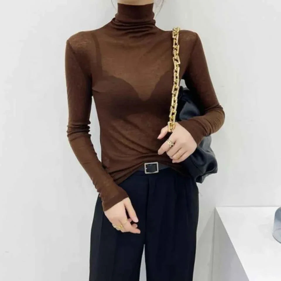 Turtleneck Slim High Quality Plain T Shirt Women