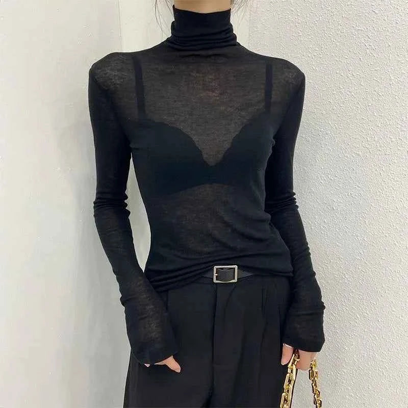 Turtleneck Slim High Quality Plain T Shirt Women