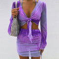 Two Piece Set Blue Tie Dye Mesh Crop Top Cardigan Mini Skirts - Purple / M